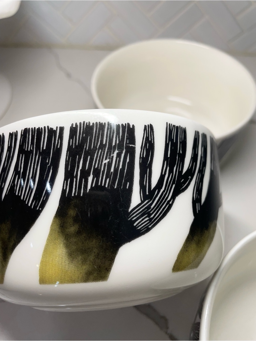 Marimekko Oiva Saapaivakirja 3pc Black and White Tree Motif 5in Ceramic Bowls - Picture 13 of 13